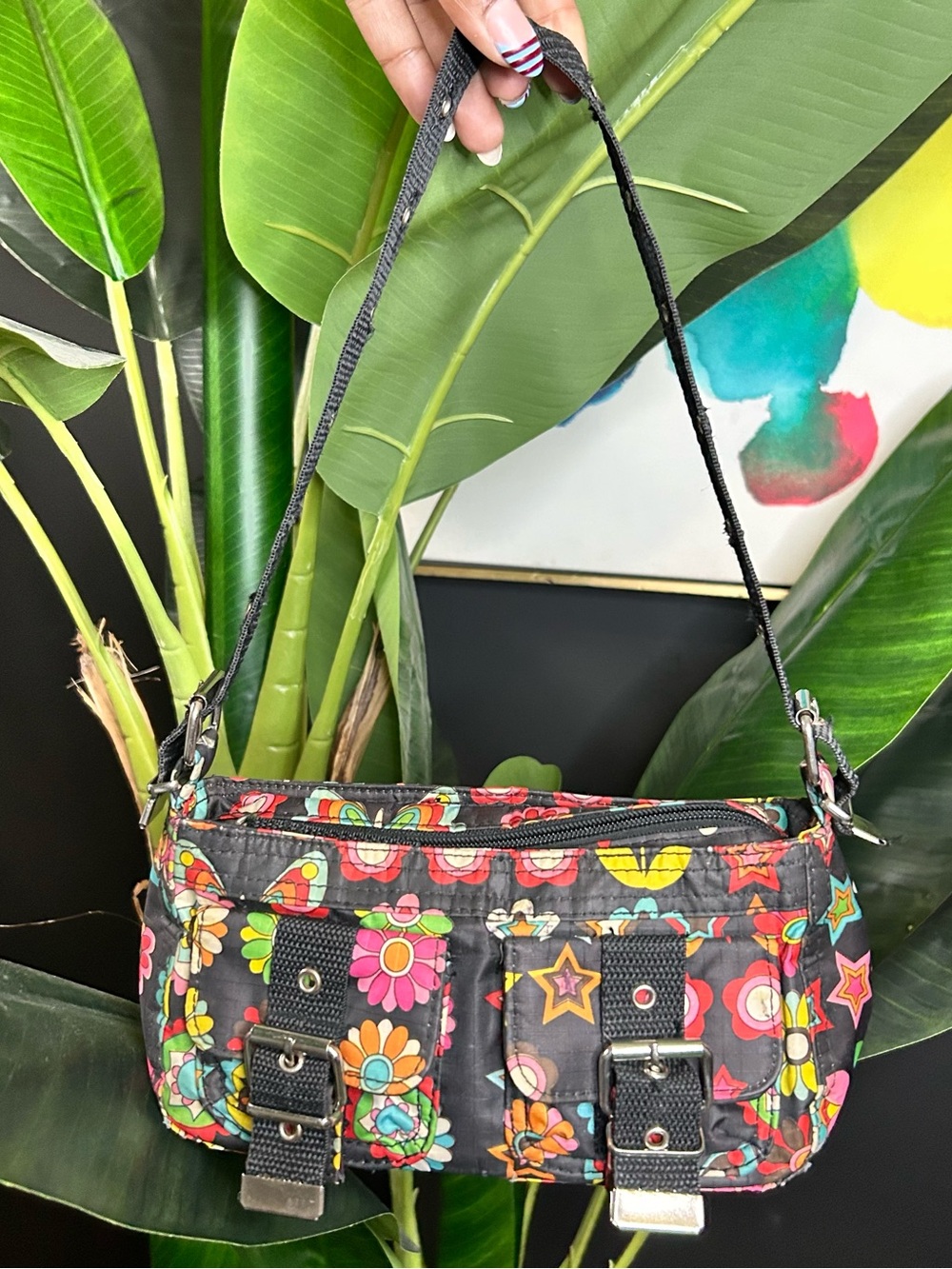 Y2K Black Floral Print Mini Shoulder Bag